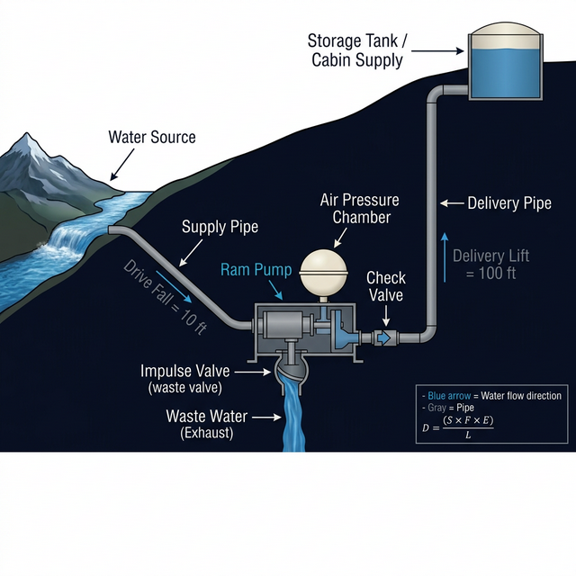 Hydraulic Ram Pump system diagram showing the supply pipe, drive fall, ram pump body with impulse valve and air chamber, delivery pipe, and storage tank at elevation
